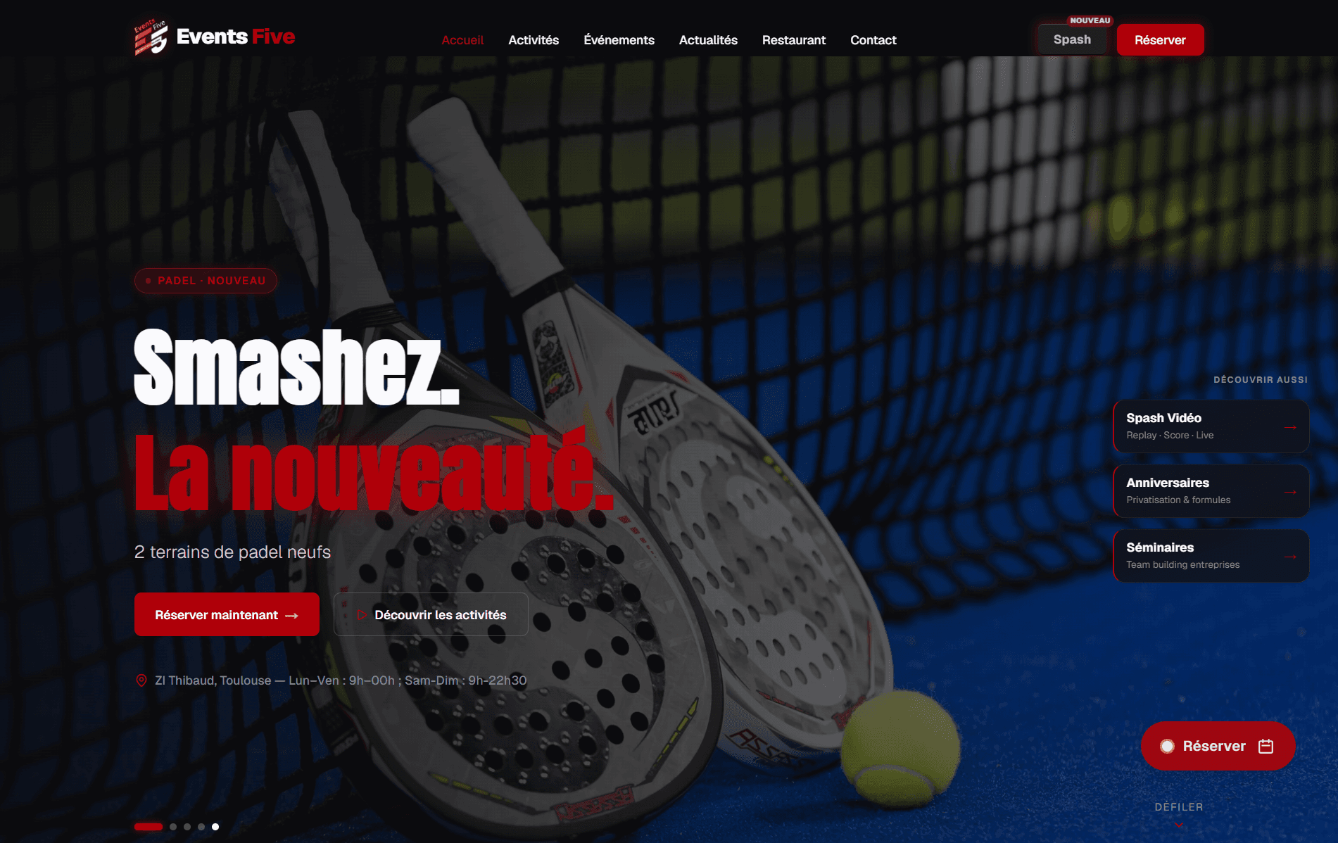 Page d'accueil du site Events Five
